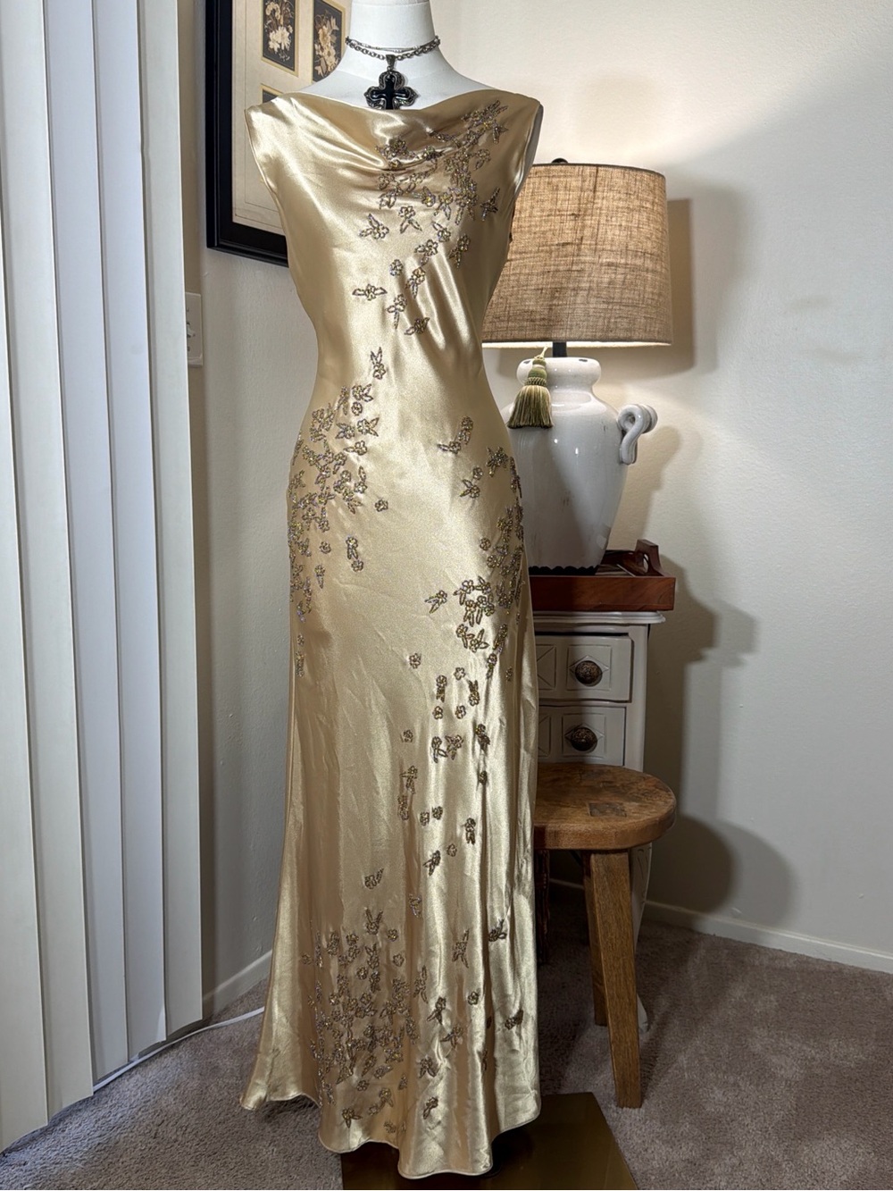 Vintage Stenay Gold Satin Embellished Evening Dress
